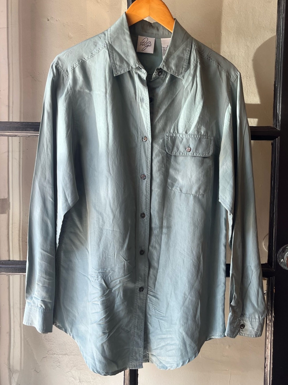 Beautiful Vintage 90’s Blue Moss Oversized Silk Button Up